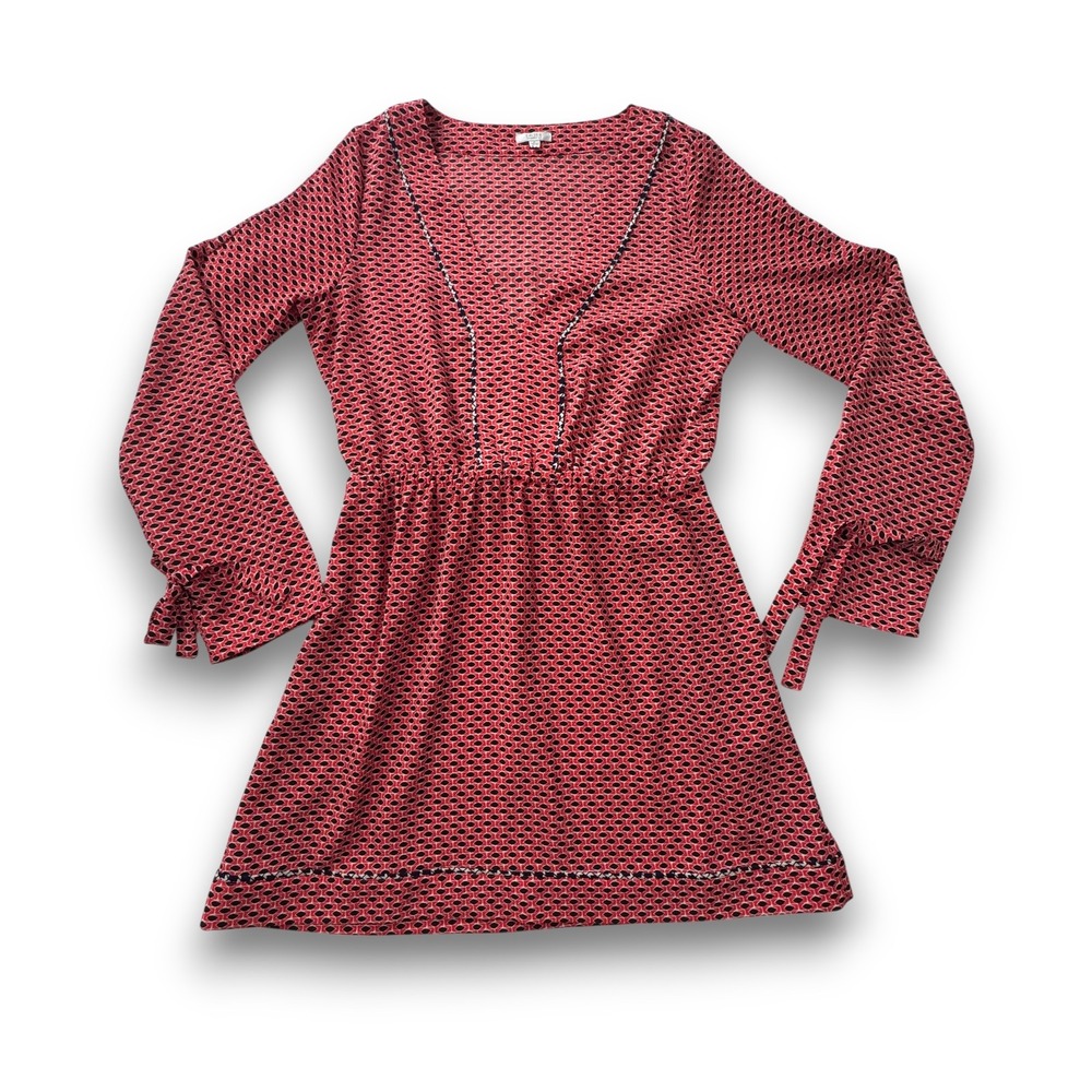 Tavik Womens Red Black Geometric V-Neck Long Sleeve Tie Cuff Mini Dress S